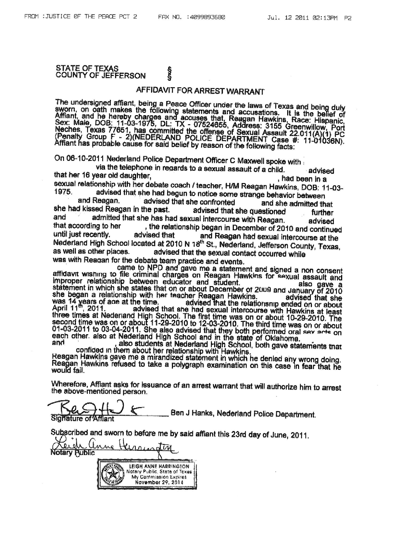Hawkins Reagan affidavit for arrest warrant.png