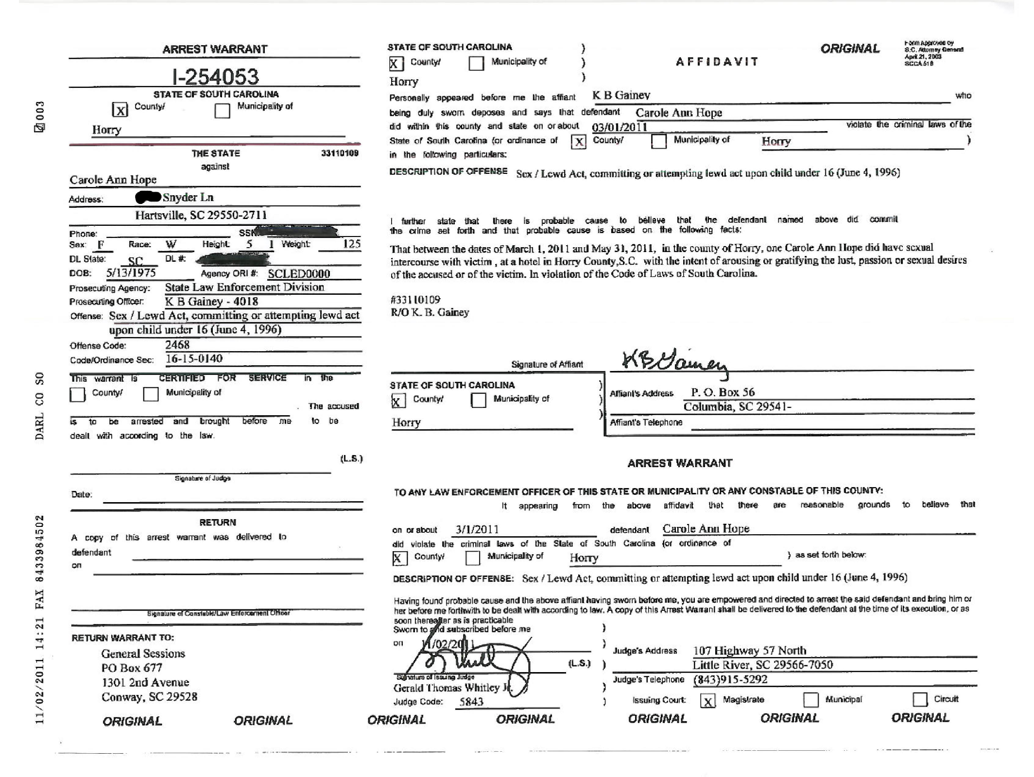 hope carole ann horry county arrest warrant.png